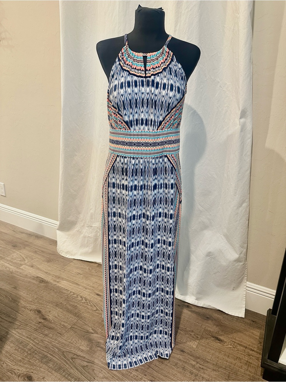 London Style Halter Dress Colorful Geometric Pattern Maxi Dress 12 Petite NWOT